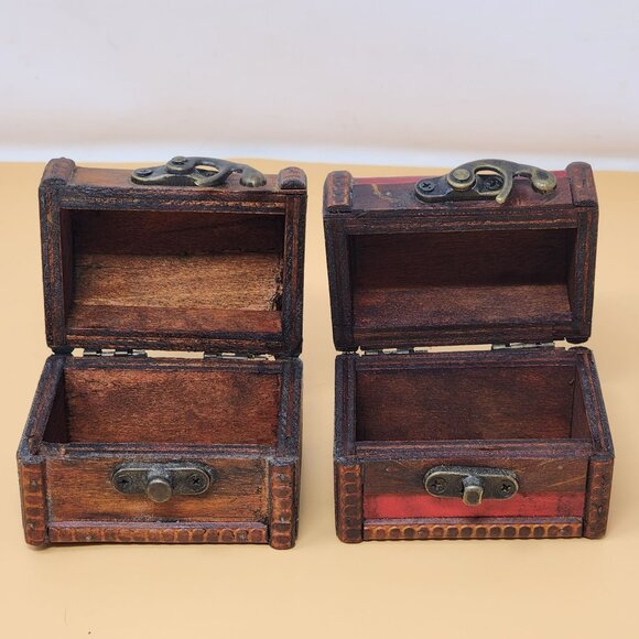 Set Of 2 Antique Style Mini Wooden Treasure Chest Boxes With Latch - Picture 7 of 14